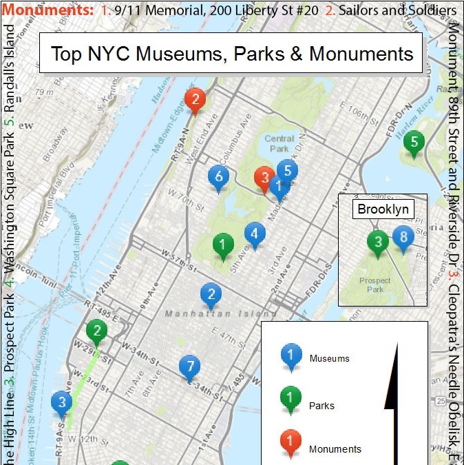 New York City Map of Museums, Parks and Monuments